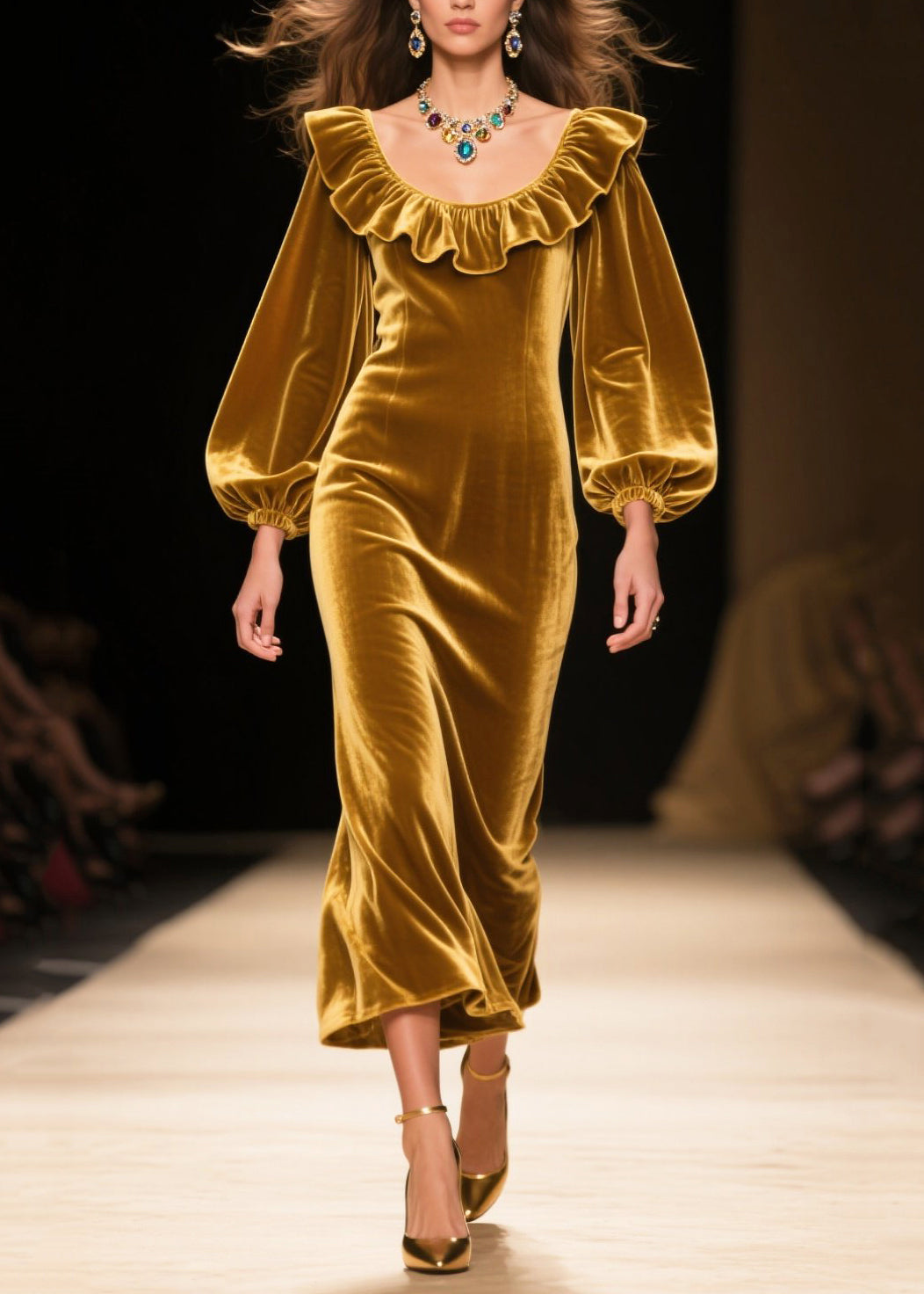 Velvet Ruffle Neck Bishop Sleeve Midi Dress - View 3