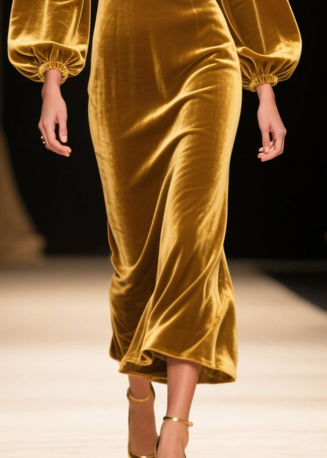 Velvet Ruffle Neck Bishop Sleeve Midi Dress - View 4