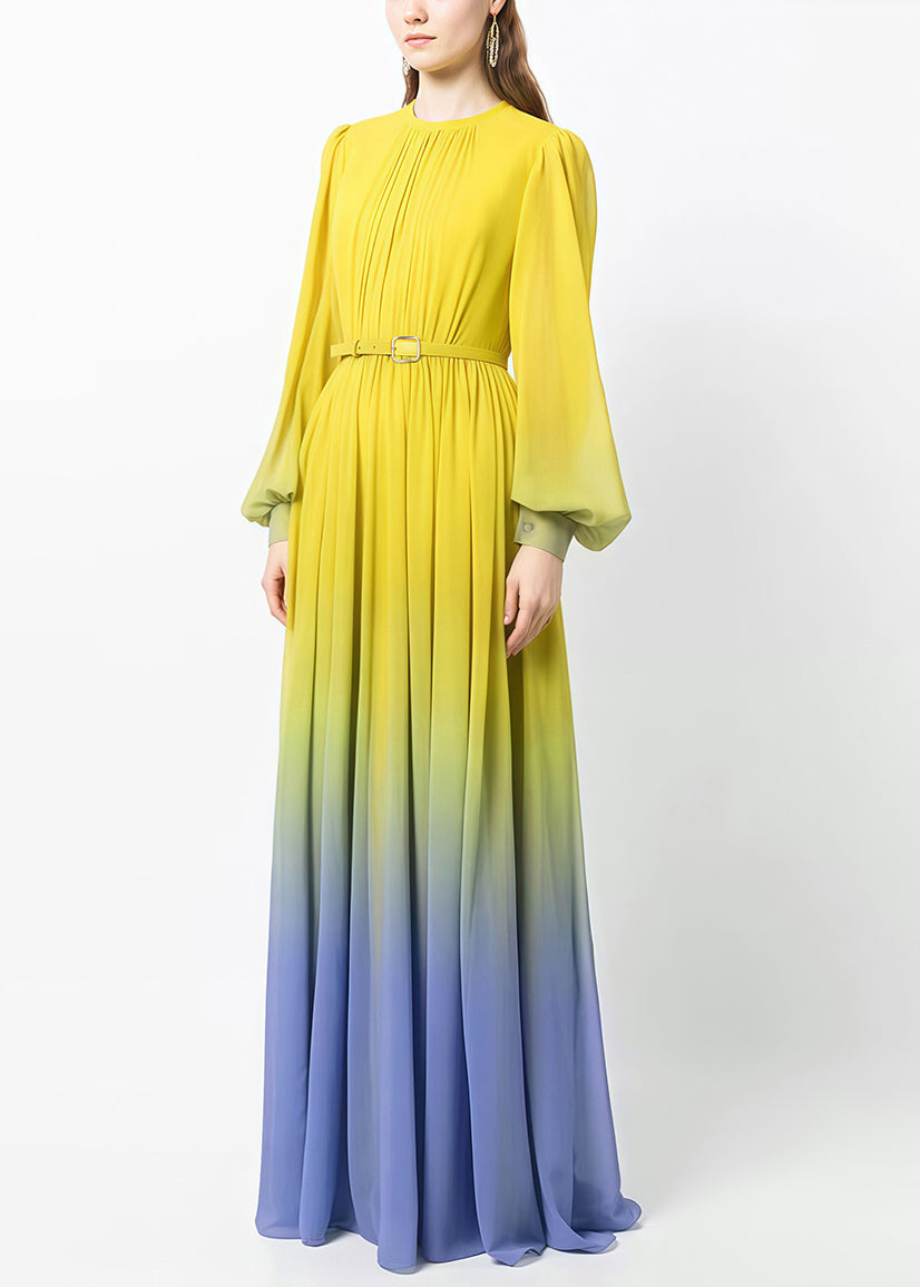 Chiffon Ombre Gradient Pleated Mock Neck Bishop Sleeve Maxi Gown - View 2