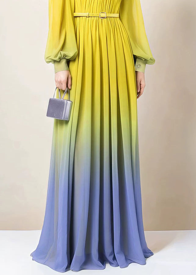 Chiffon Ombre Gradient Pleated Mock Neck Bishop Sleeve Maxi Gown - View 4