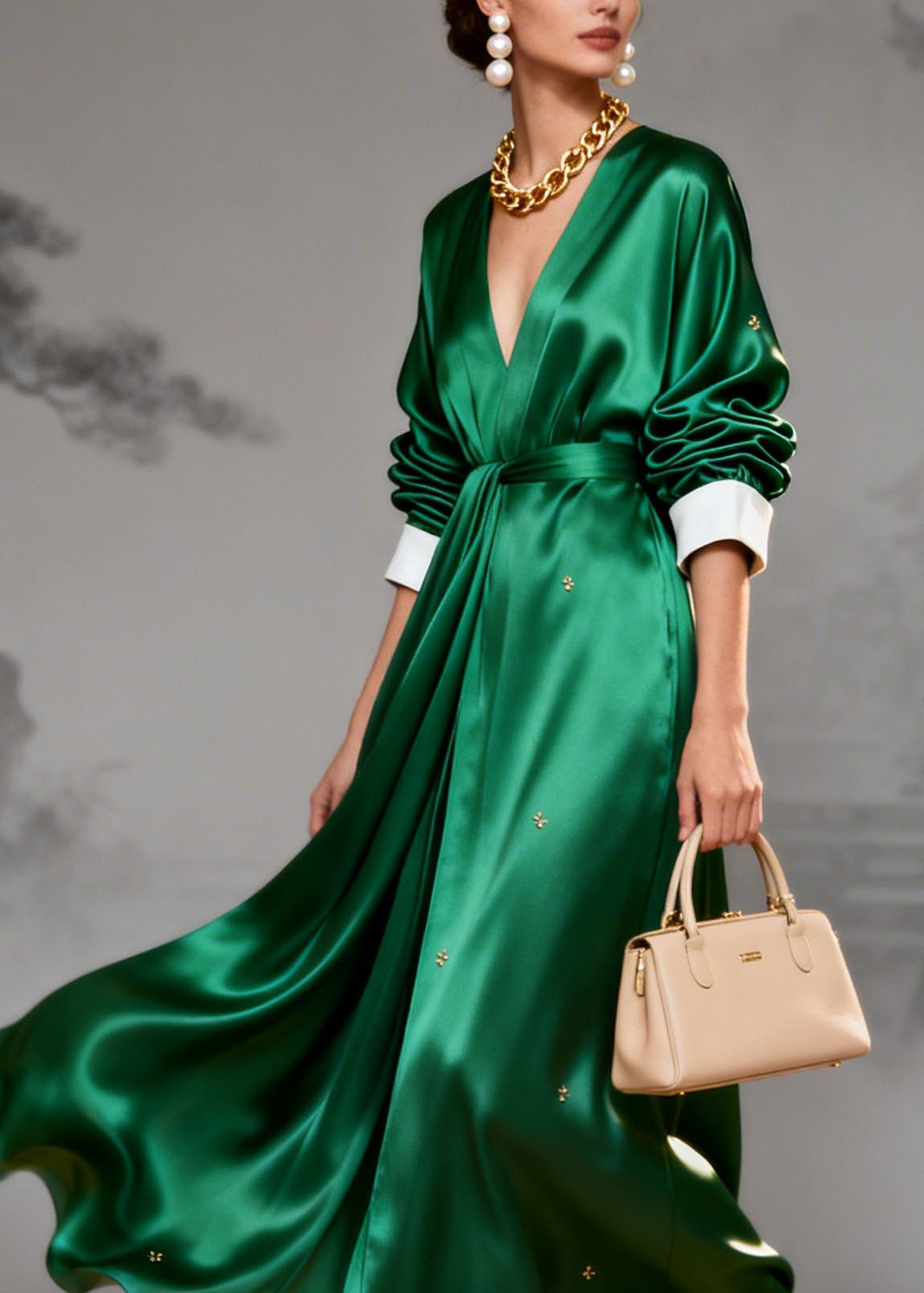 Satin Wrap Deep V-Neck Contrast Cuff Long Sleeve Maxi Gown - View 2