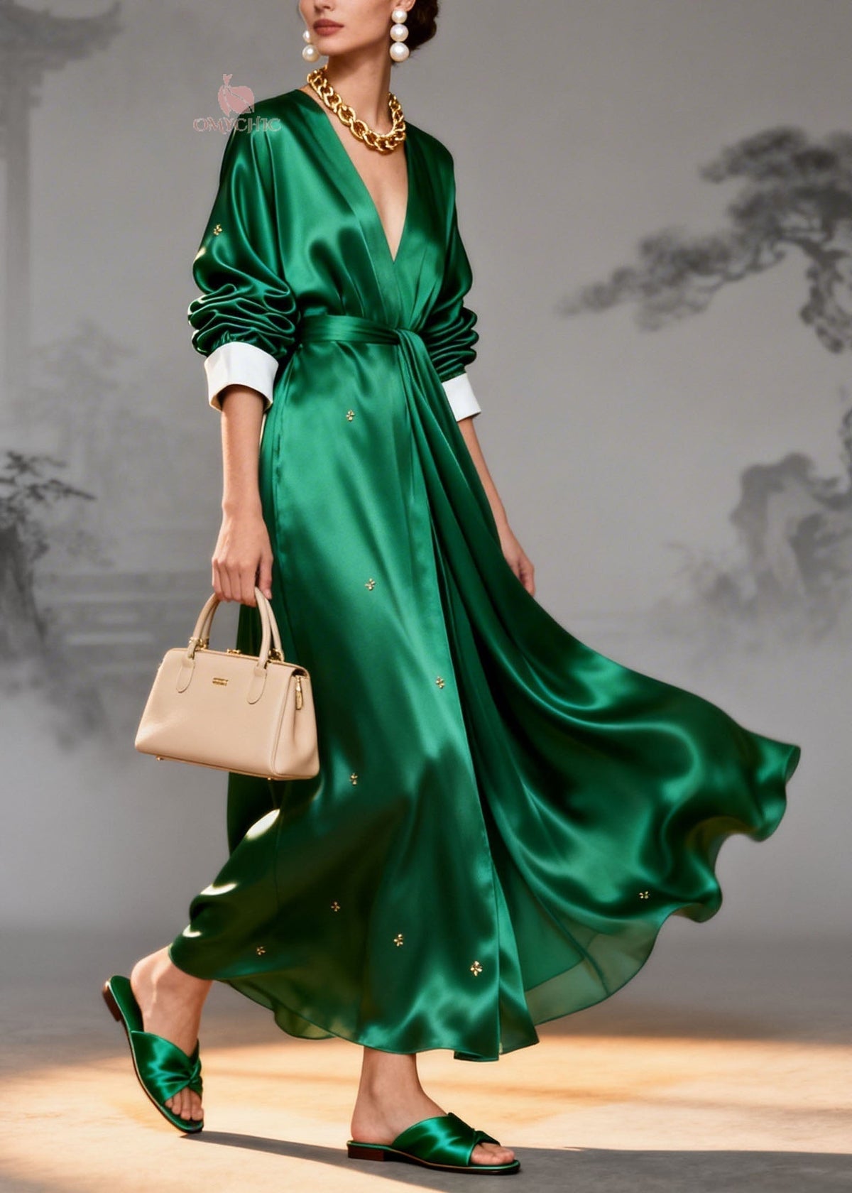 Satin Wrap Deep V-Neck Contrast Cuff Long Sleeve Maxi Gown - View 3