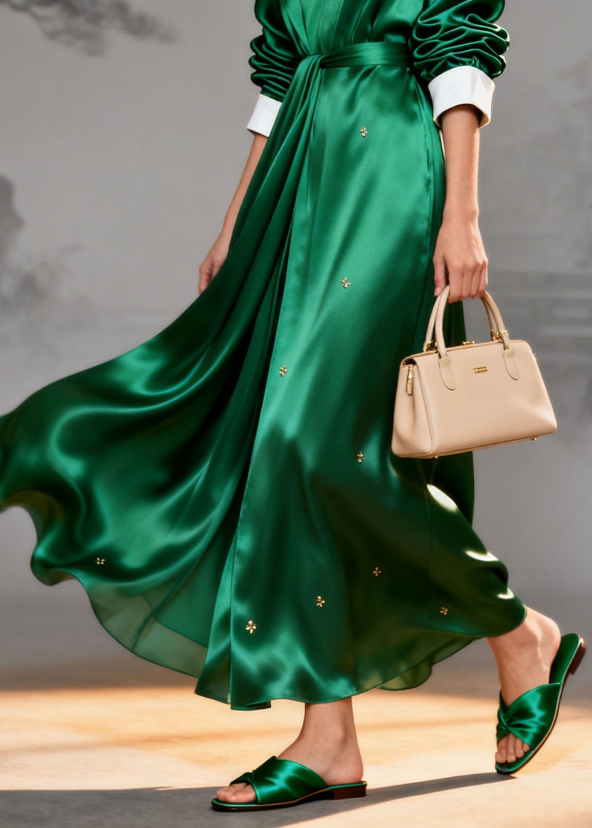 Satin Wrap Deep V-Neck Contrast Cuff Long Sleeve Maxi Gown - View 4