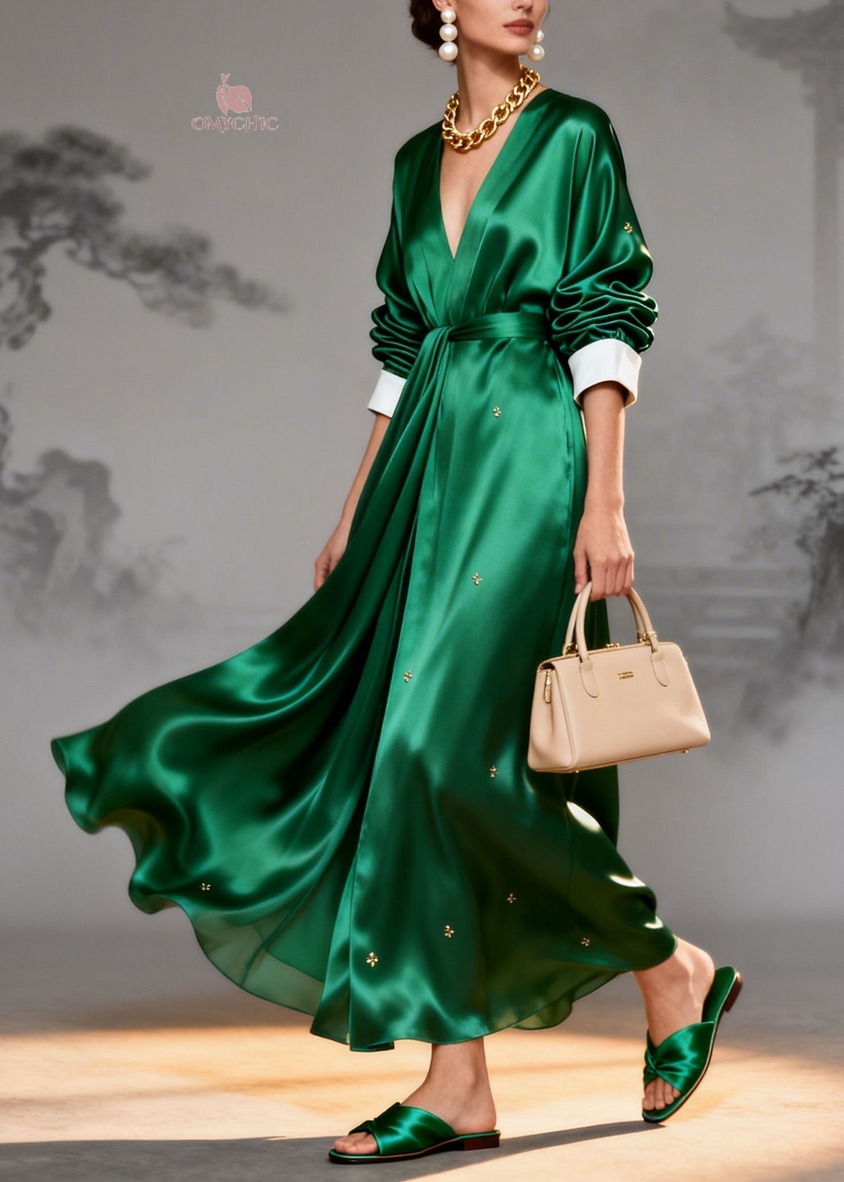 Satin Wrap Deep V-Neck Contrast Cuff Long Sleeve Maxi Gown - View 5