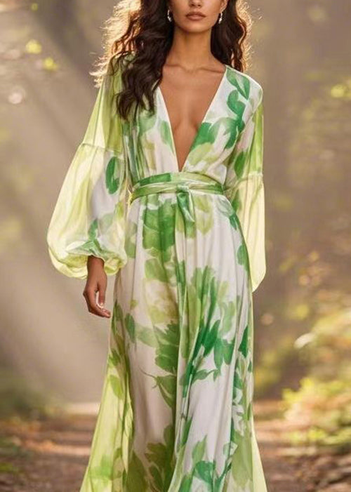 Botanical Print Deep V-Neck Bishop Sleeve Tie Waist A-Line Maxi Dress - View 2