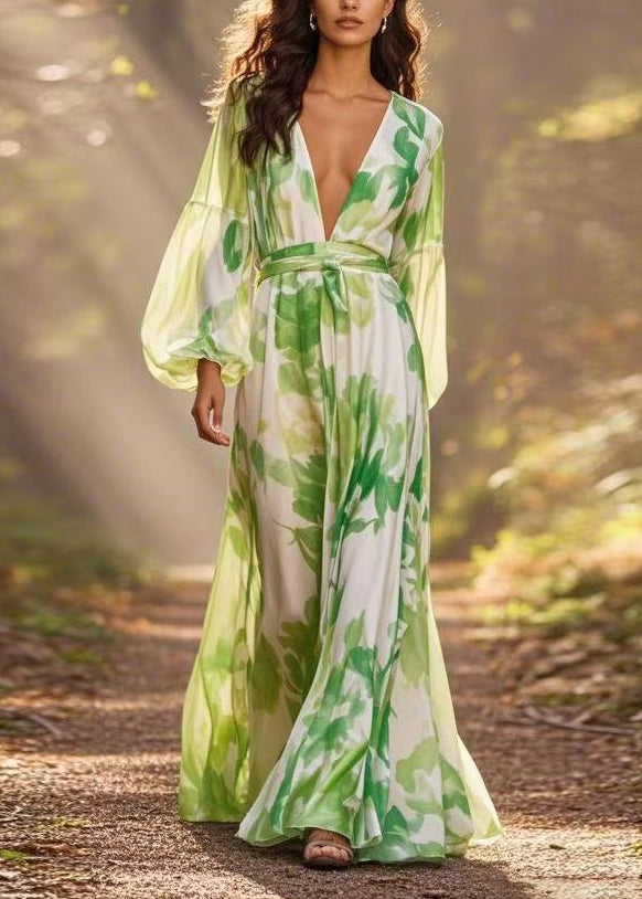 Botanical Print Deep V-Neck Bishop Sleeve Tie Waist A-Line Maxi Dress - View 5