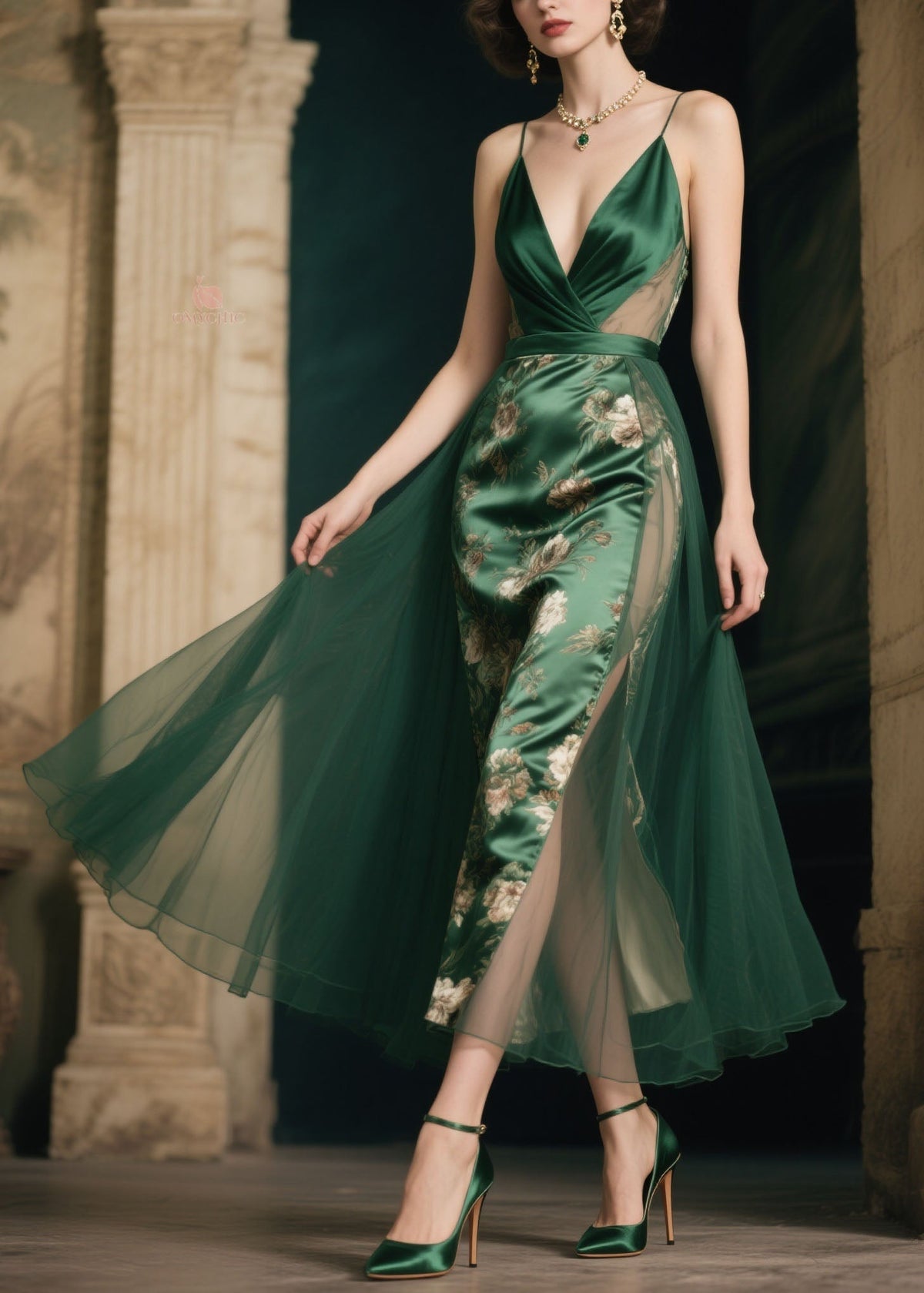 Satin Floral Spaghetti Strap Deep V-Neck Tulle Overlay Midi Dress