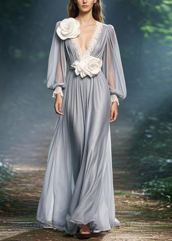 Chiffon Deep V-Neck Lace Trim Bishop Sleeve Floral Applique Maxi Gown - View 3