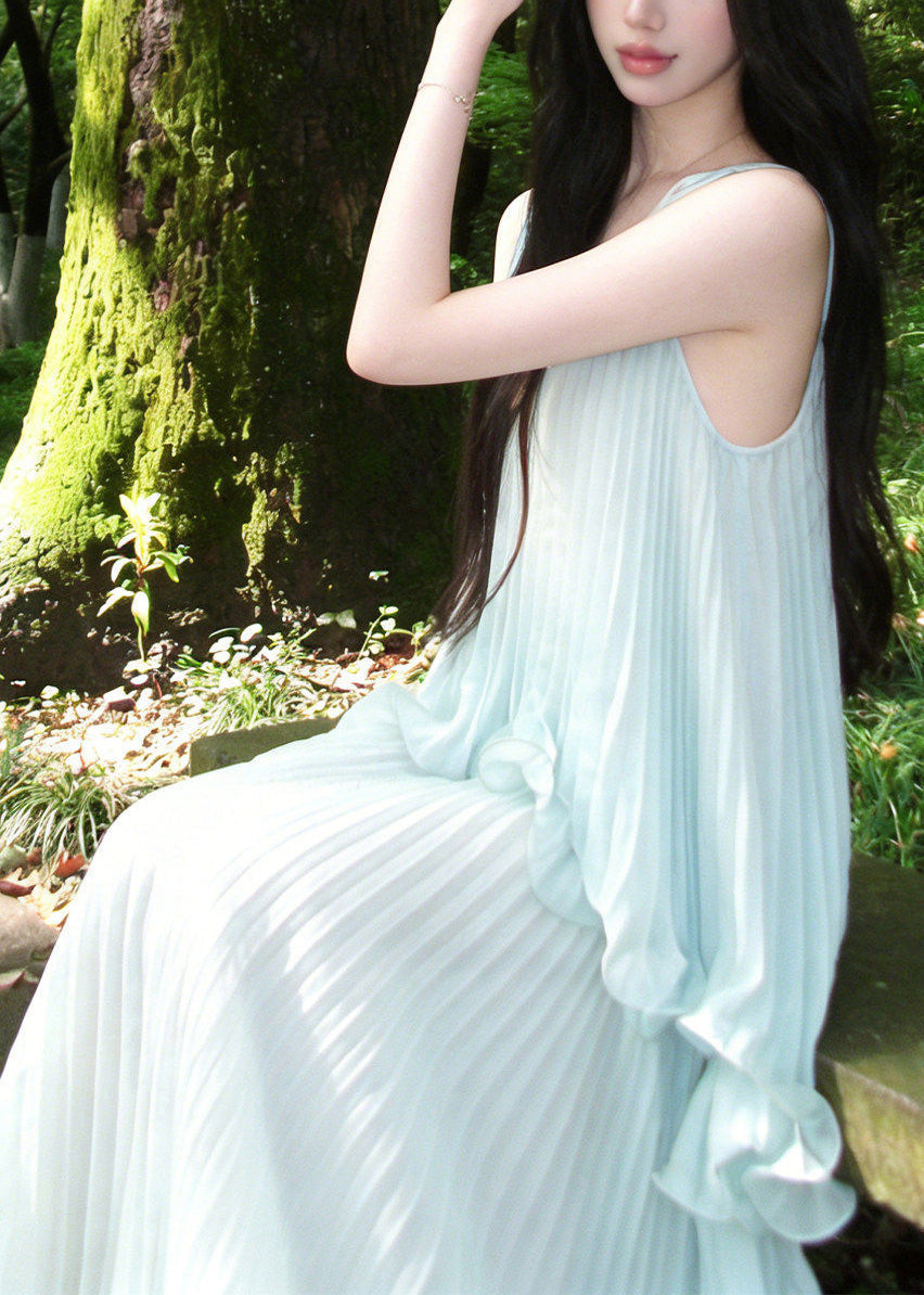 Chiffon Vertical Pleat Deep V-Neck Spaghetti Strap Maxi Gown - View 2