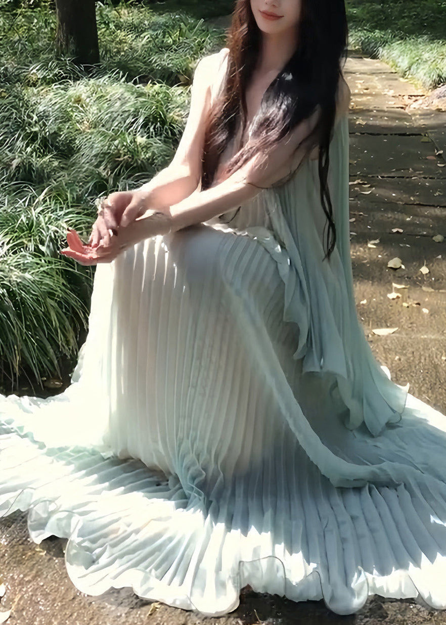 Chiffon Vertical Pleat Deep V-Neck Spaghetti Strap Maxi Gown - View 3