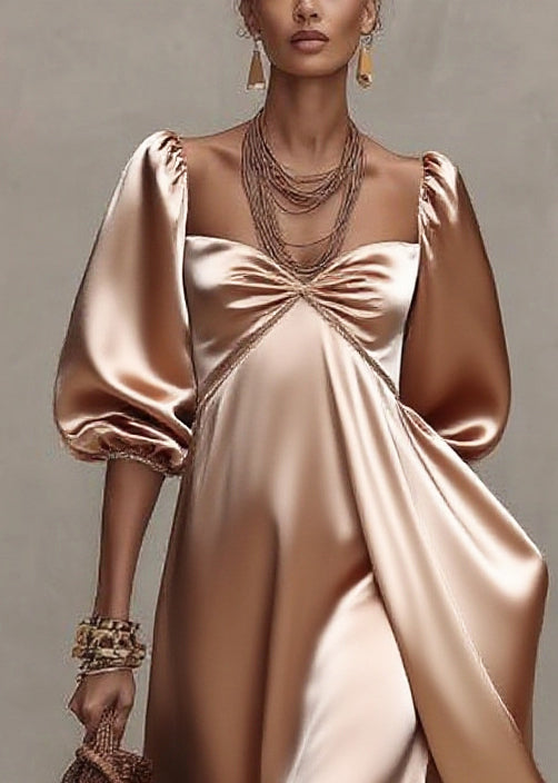 Satin Sweetheart Neck Puff Sleeve Ruffle Hem High Split Maxi Gown - View 2