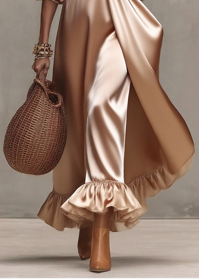 Satin Sweetheart Neck Puff Sleeve Ruffle Hem High Split Maxi Gown - View 4