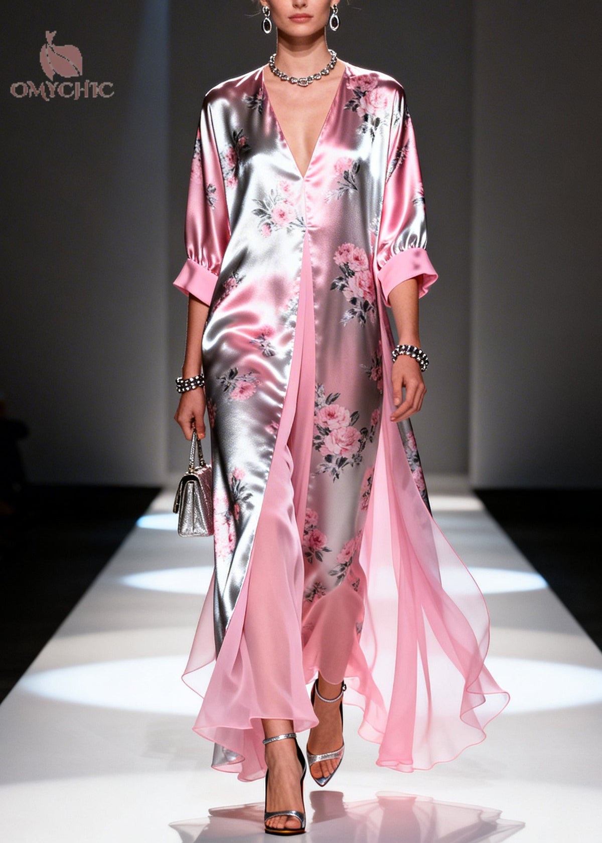 Satin Metallic Floral Deep V-Neck Sleeve High Split Maxi Gown