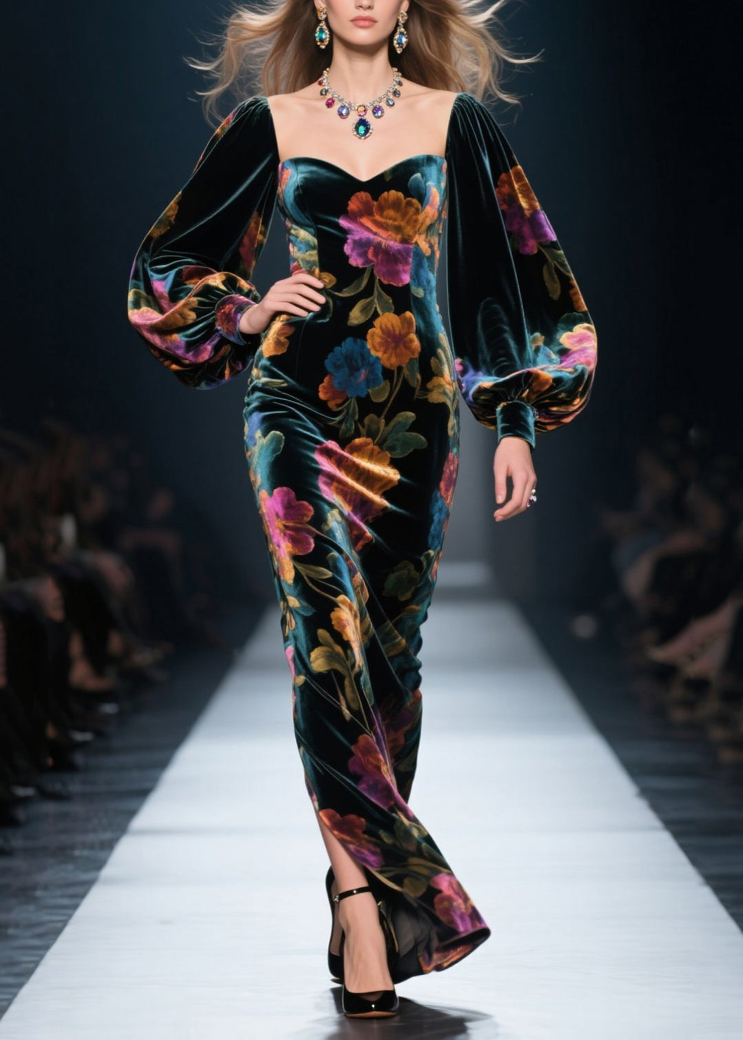 Velvet Floral Sweetheart Puff Sleeve Maxi Gown - View 3
