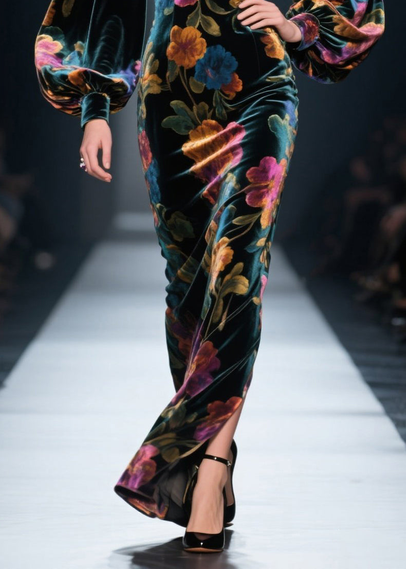 Velvet Floral Sweetheart Puff Sleeve Maxi Gown - View 4