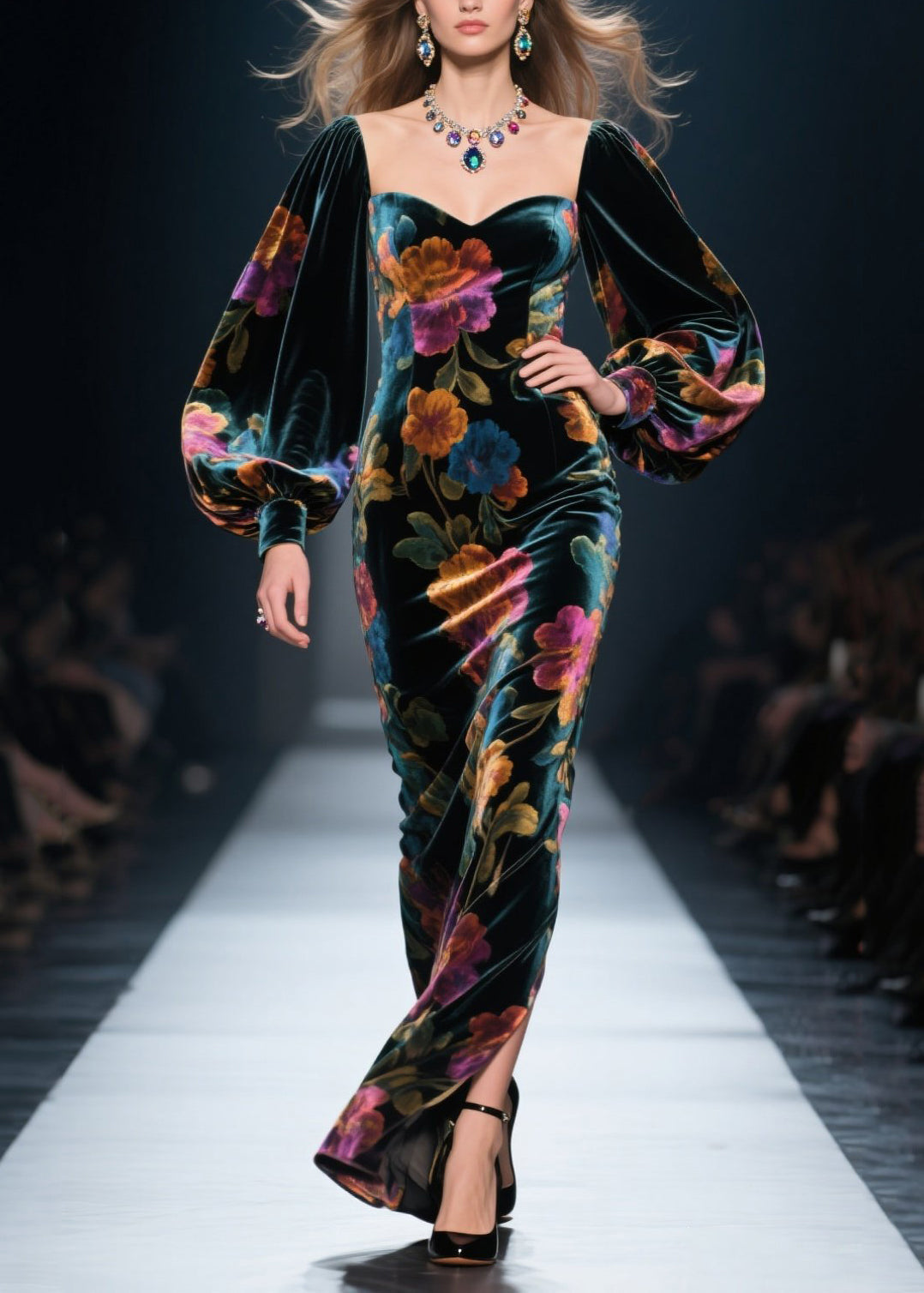 Velvet Floral Sweetheart Puff Sleeve Maxi Gown - View 5