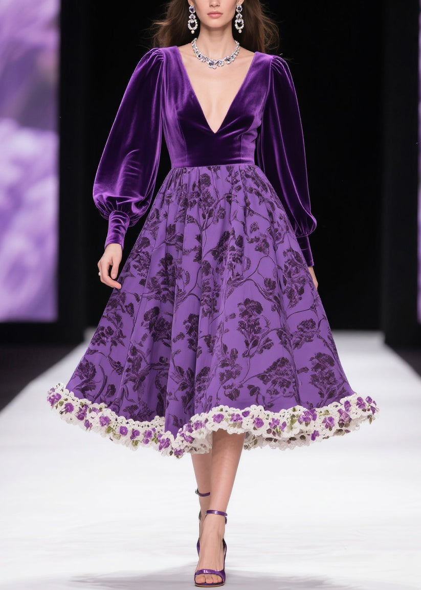 Velvet Deep V-Neck Bishop Sleeve Floral Damask Lace Midi Dress