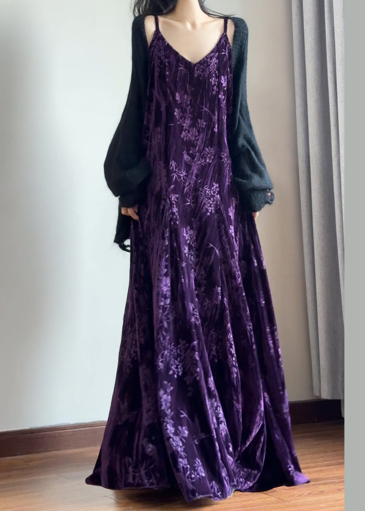 Velvet Burnout Floral Spaghetti Strap V-Neck A-Line Maxi Dress - View 2