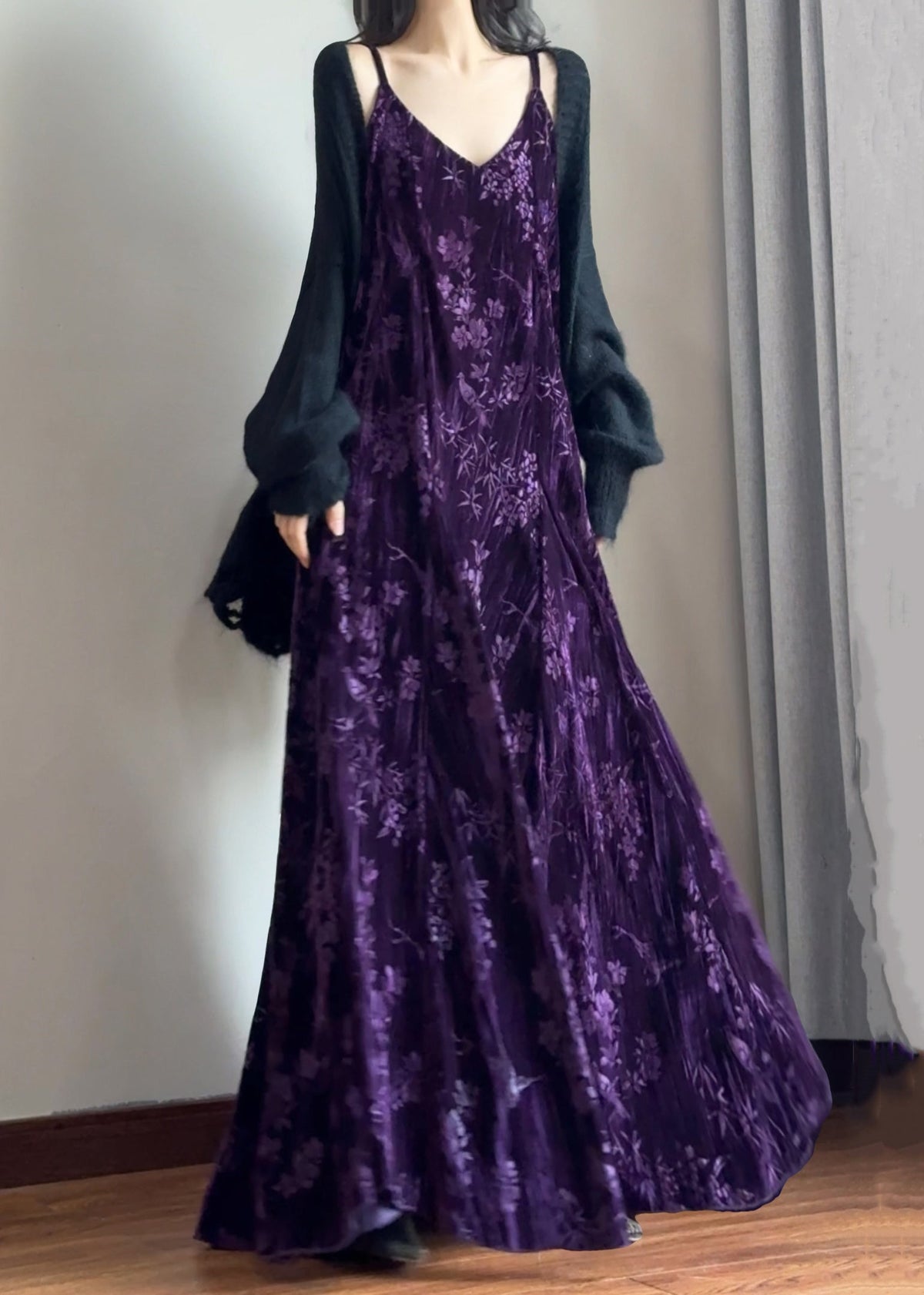Velvet Burnout Floral Spaghetti Strap V-Neck A-Line Maxi Dress - View 3