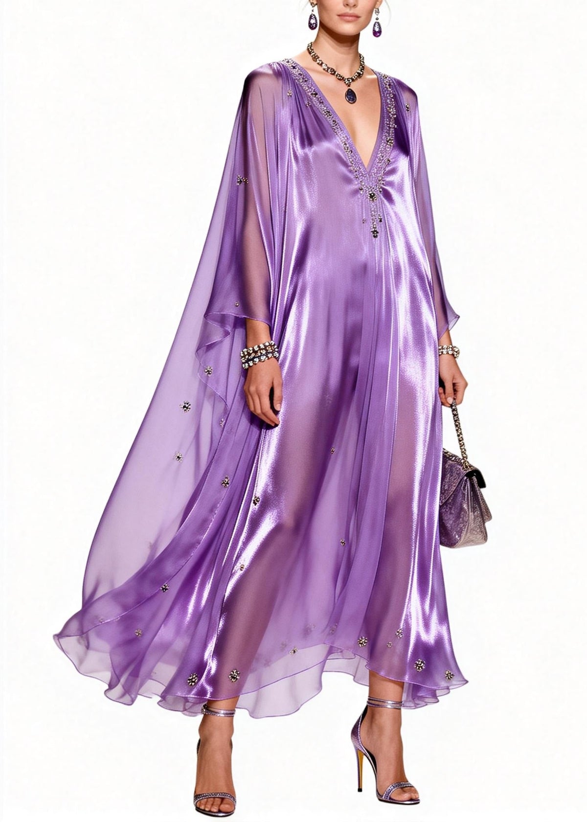 Sequin Floral Beaded Deep V-Neck Cape Sleeve Kaftan Maxi Gown - View 5