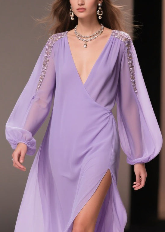 Chiffon Wrap Deep V-Neck Beaded Shoulder Bishop Sleeve Maxi Gown - View 2