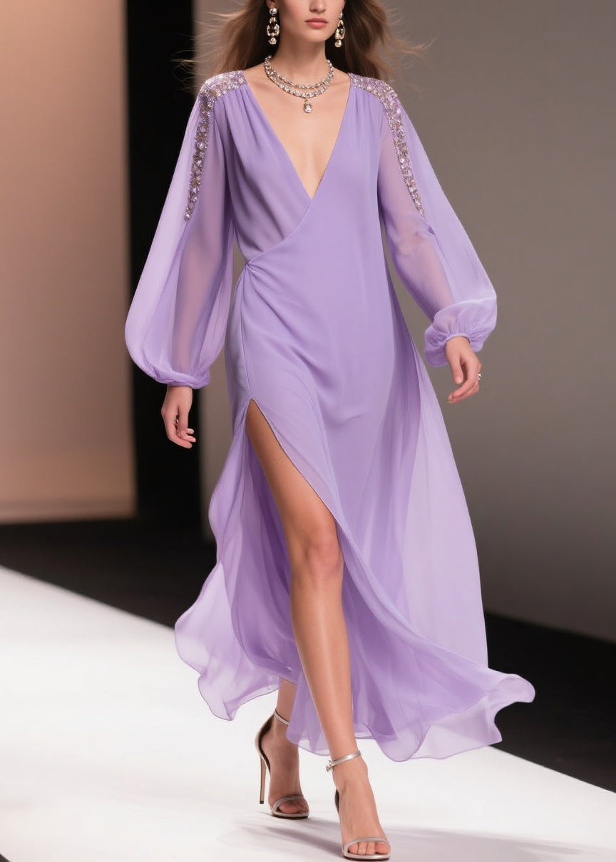 Chiffon Wrap Deep V-Neck Beaded Shoulder Bishop Sleeve Maxi Gown - View 3