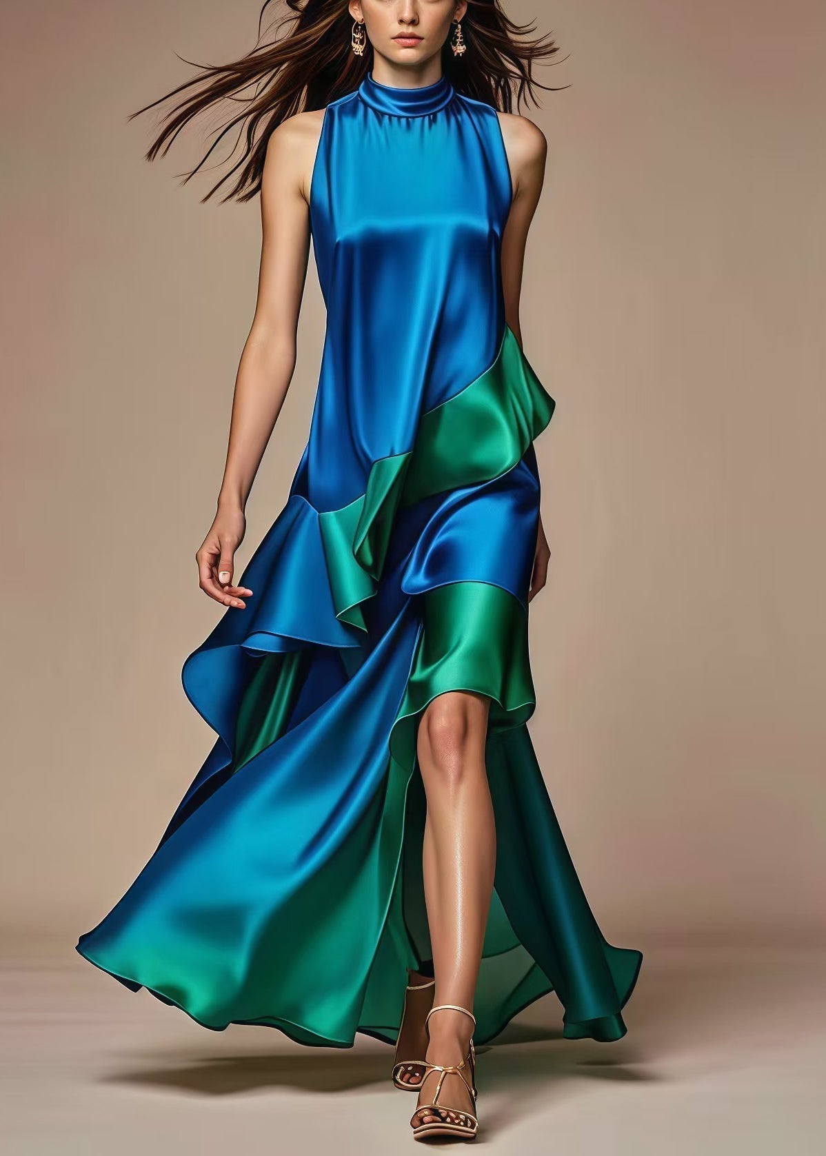 Satin Tiered Ruffle High Low Mock Neck Sleeveless Gown - View 5