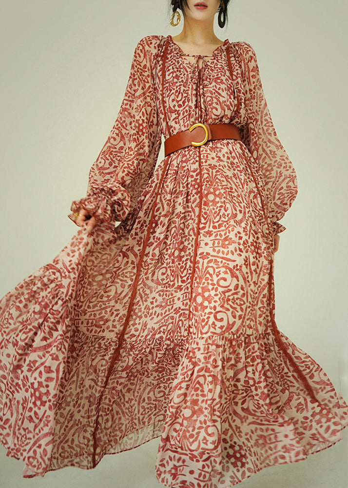 Italian Ruffled Print Lace Up Cotton Long Dress Fall - View 2