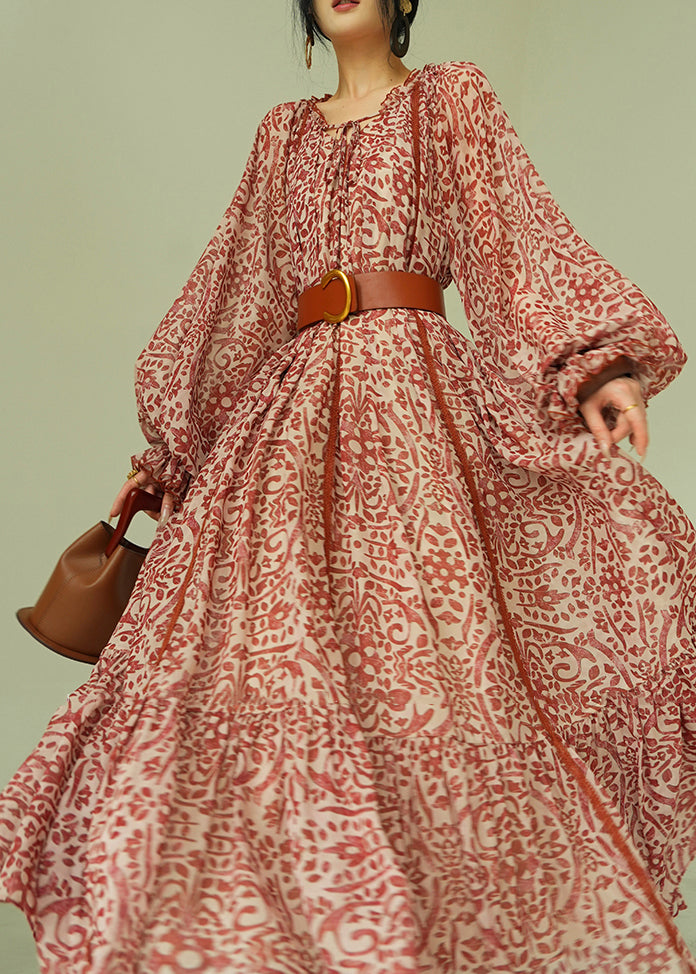 Italian Ruffled Print Lace Up Cotton Long Dress Fall - View 3