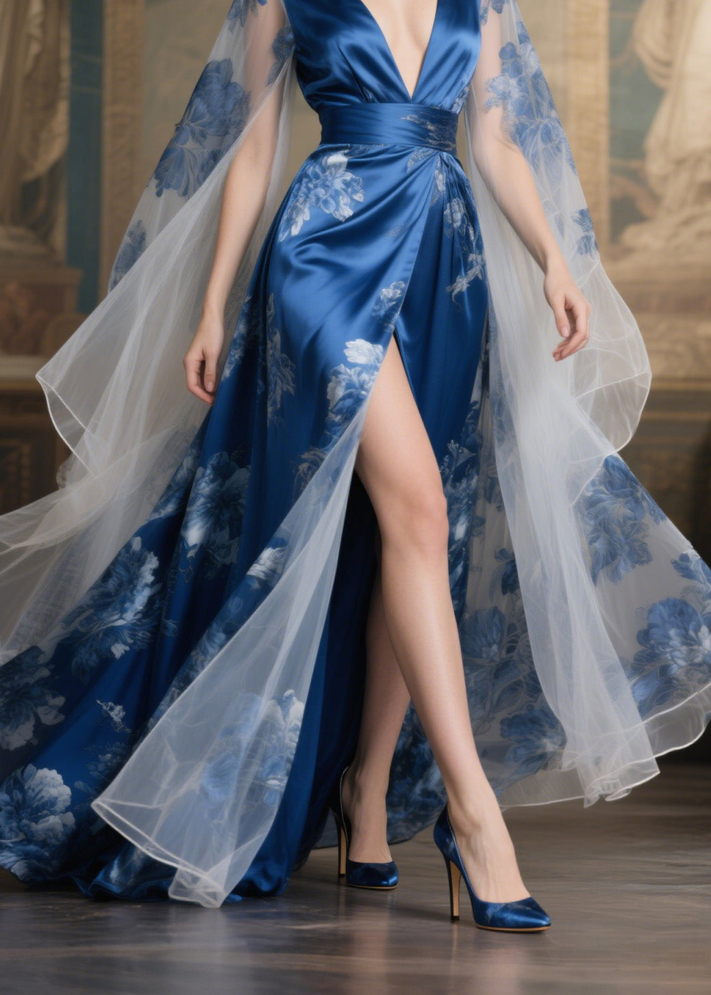 Floral Print Deep V-Neck Mesh Cape Sleeve Sash Waist Maxi Gown - View 4