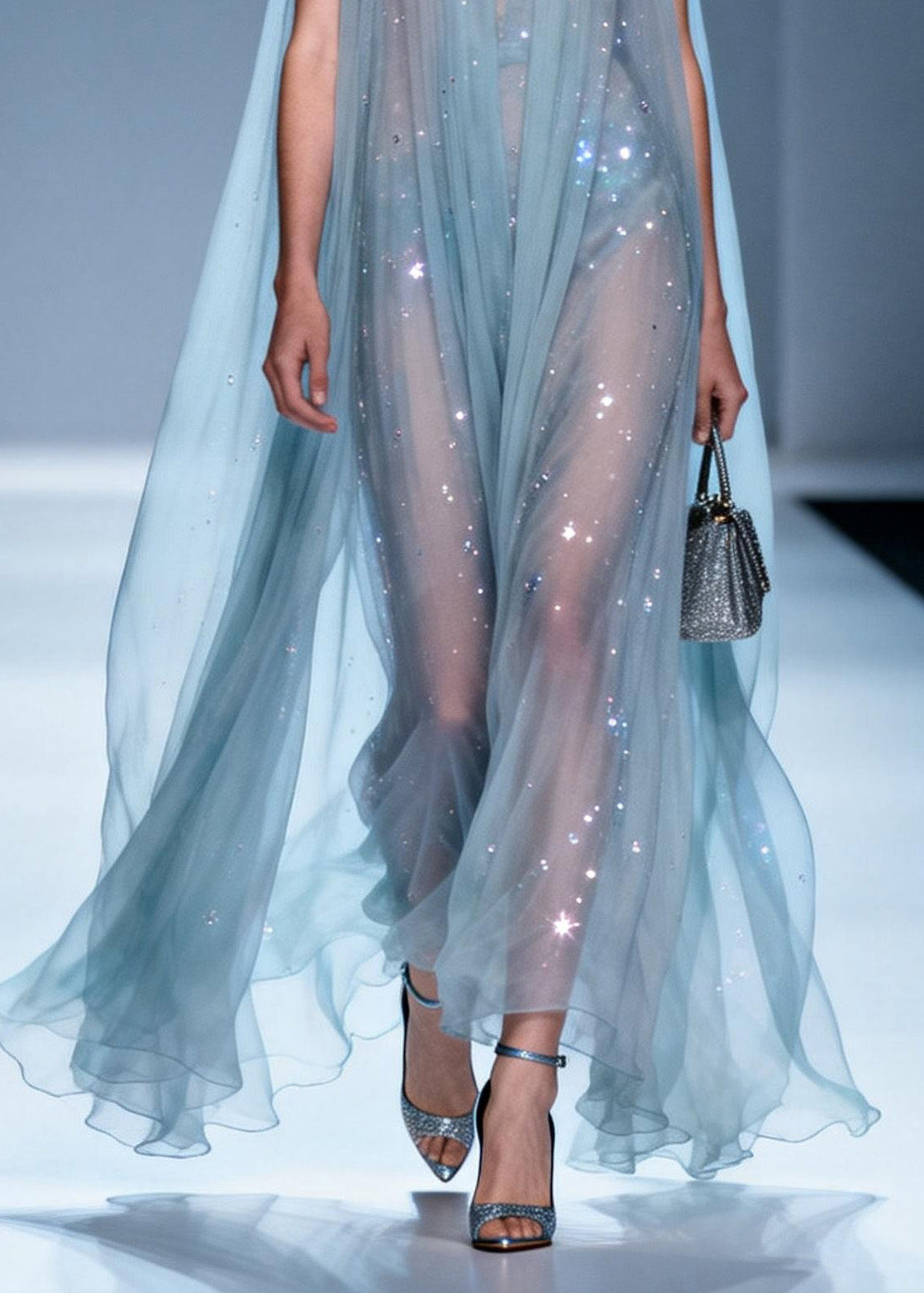 Rhinestone Scatter Deep V-Neck Sleeveless Sheer A-Line Maxi Gown - View 4