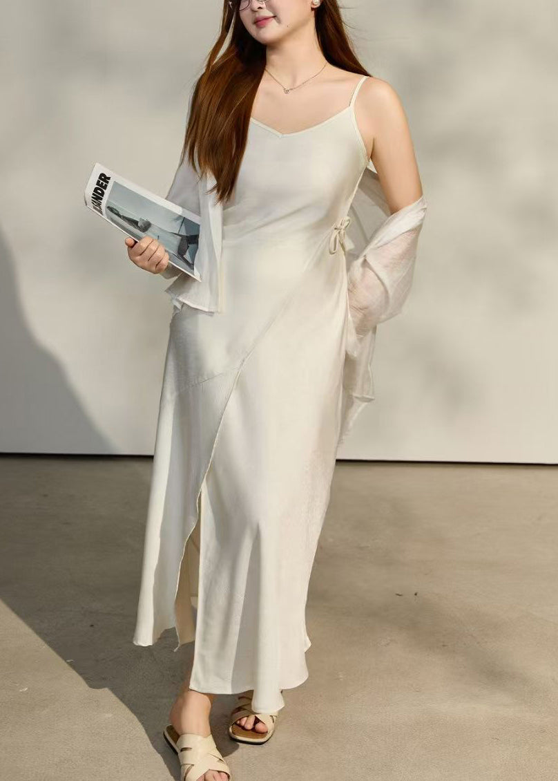 Italian White Tie Waist Side Open Satin Mini Dress Summer - View 3