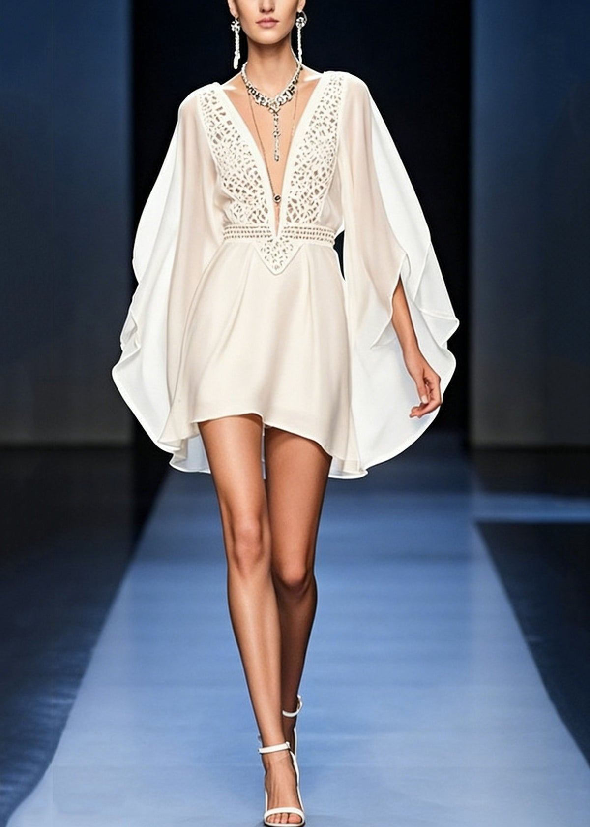 Deep V-Neck Chiffon Lace Cut Out Batwing Sleeve Mini Dress - View 3