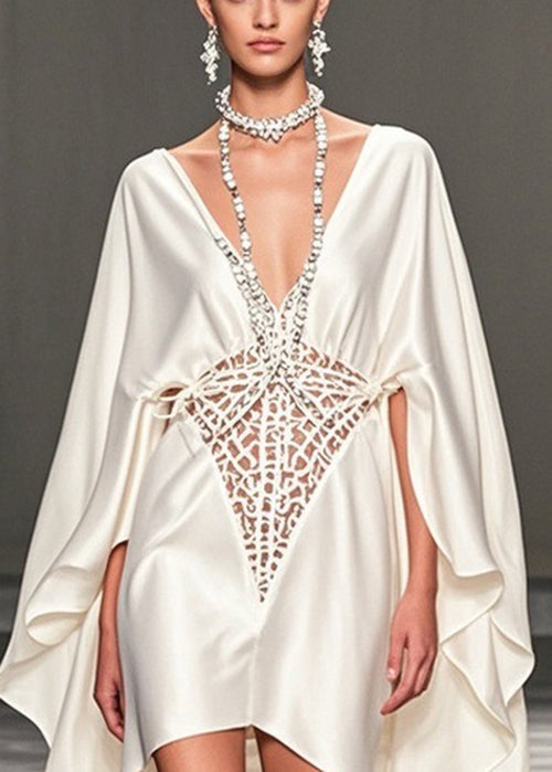 Deep V-Neck Cape Sleeve Lattice Cut Out High Low Party Gown - View 2