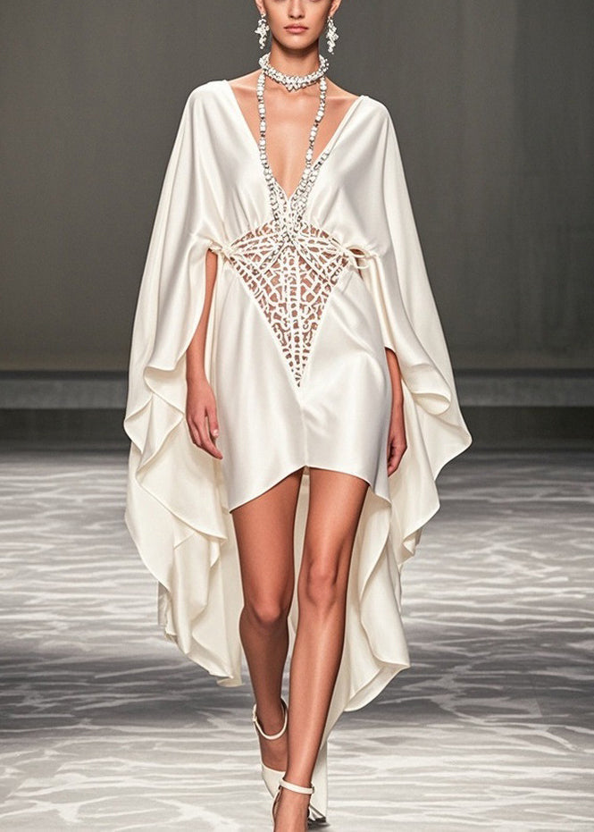 Deep V-Neck Cape Sleeve Lattice Cut Out High Low Party Gown - View 3