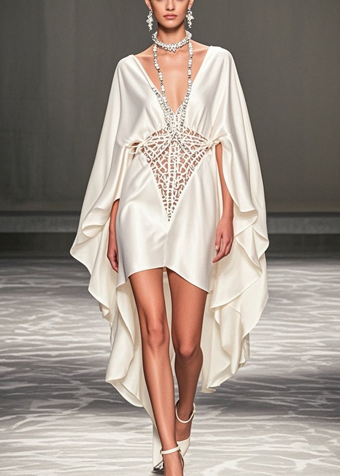 Deep V-Neck Cape Sleeve Lattice Cut Out High Low Party Gown - View 5