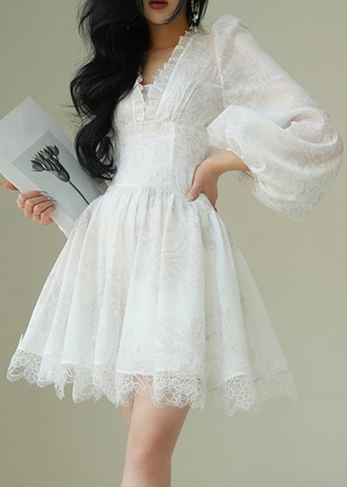 Italian White V Neck Print Lace Patchwork Mid Dress Puff Sleeve - View 3