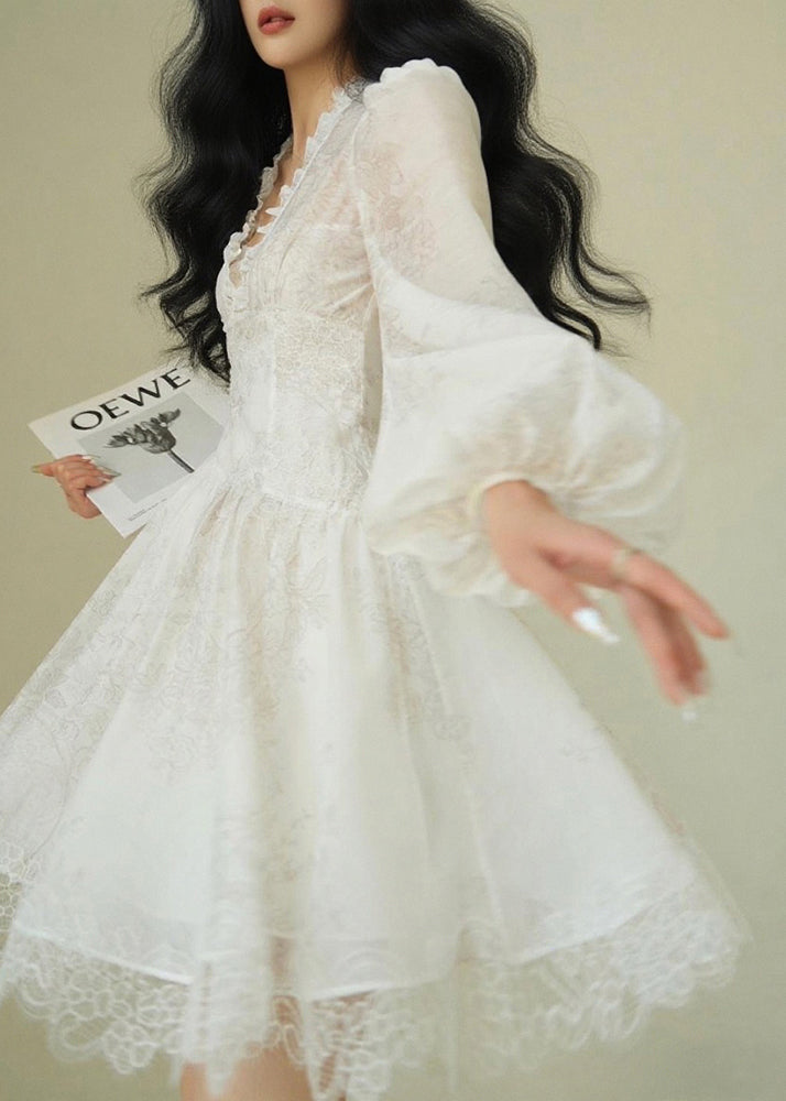 Italian White V Neck Print Lace Patchwork Mid Dress Puff Sleeve - View 4