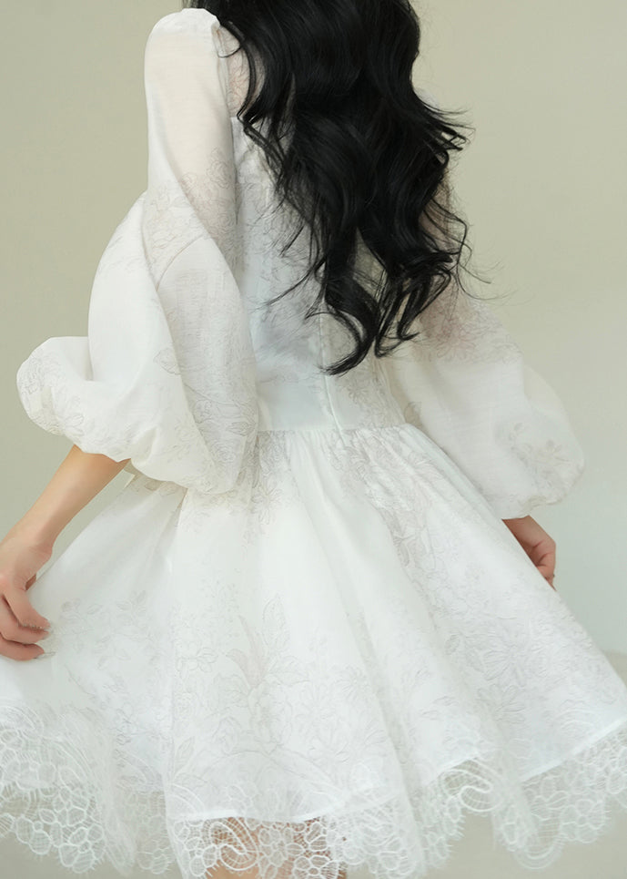 Italian White V Neck Print Lace Patchwork Mid Dress Puff Sleeve - View 5