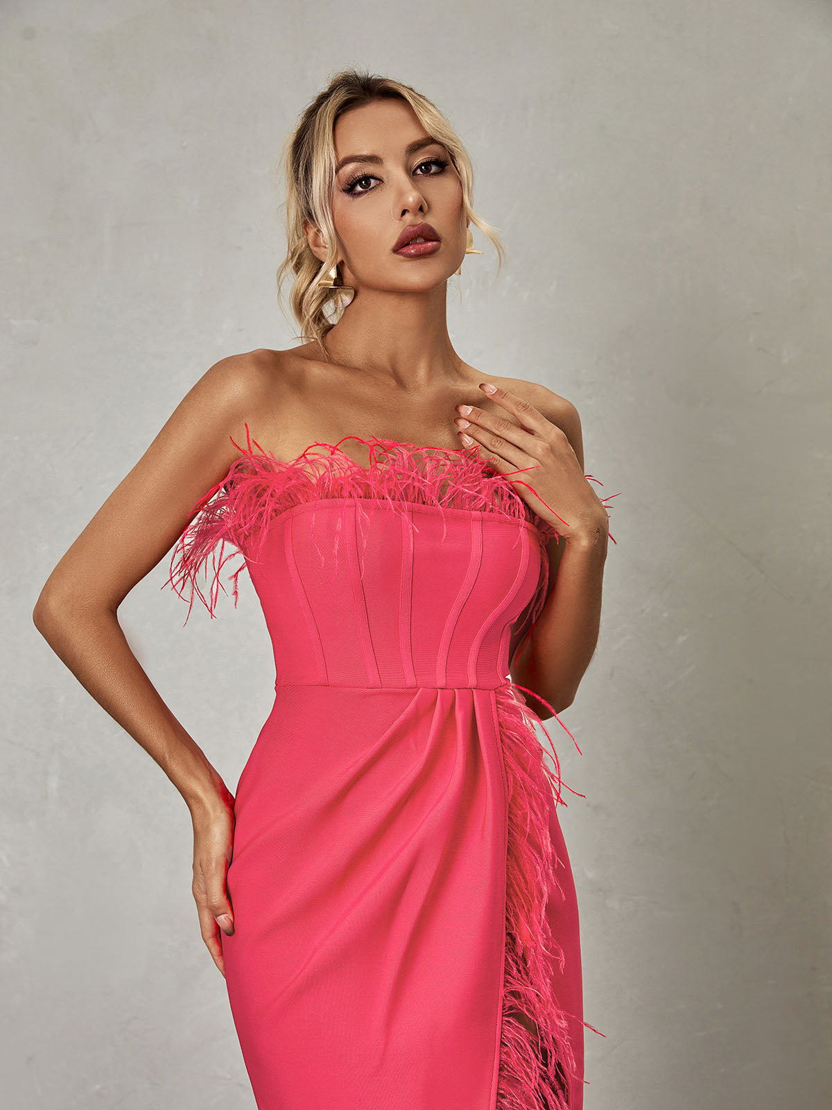 Feather Strapless Corset High Split Bandage Maxi Dress - View 3
