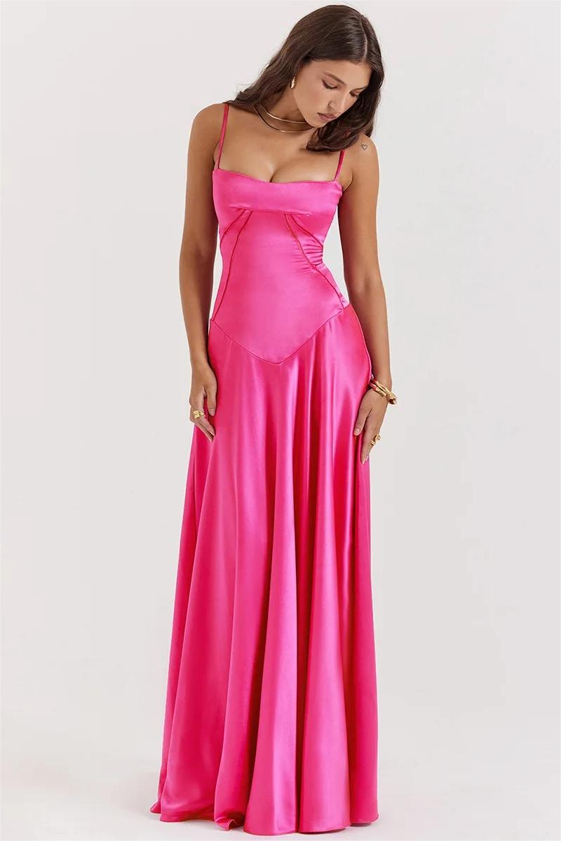 Satin Solid Lace Up Maxi Dress Fuchsia
