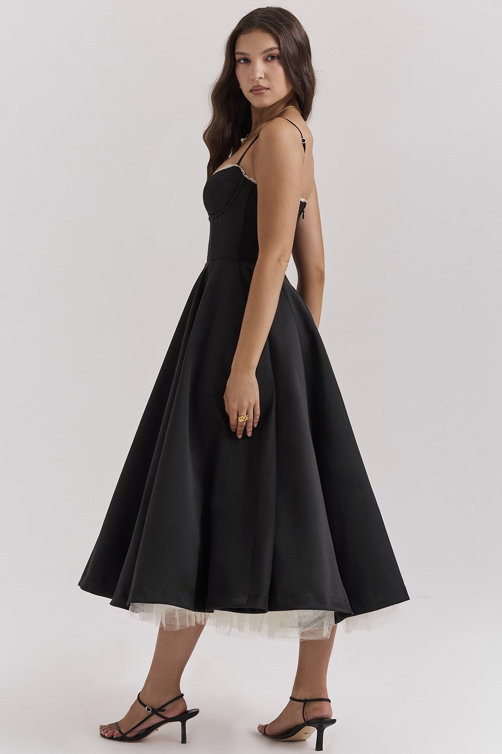 Lace Mesh Sweetheart Neck Midi Dress in black - View 3