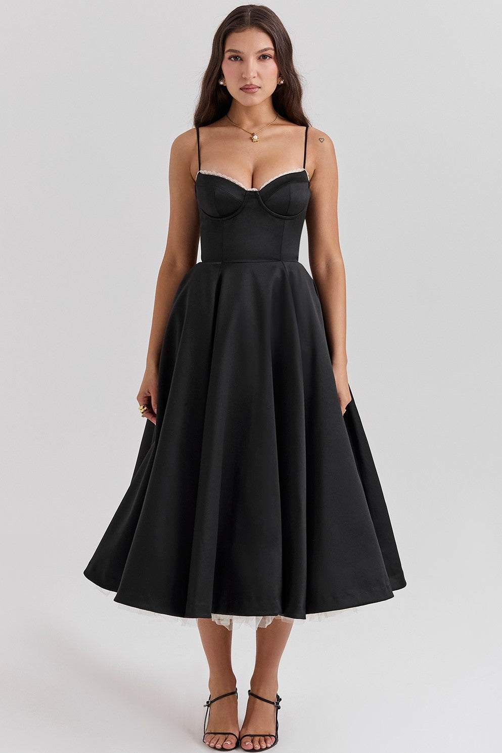 Lace Mesh Sweetheart Neck Midi Dress - View 2