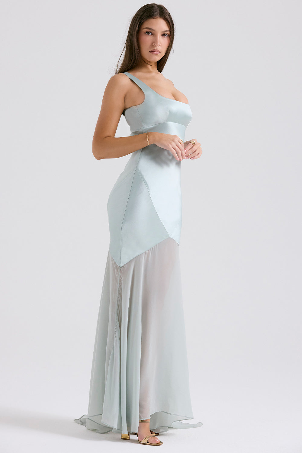Solid Satin Mesh Sleeveless Maxi Dress in blue - View 6