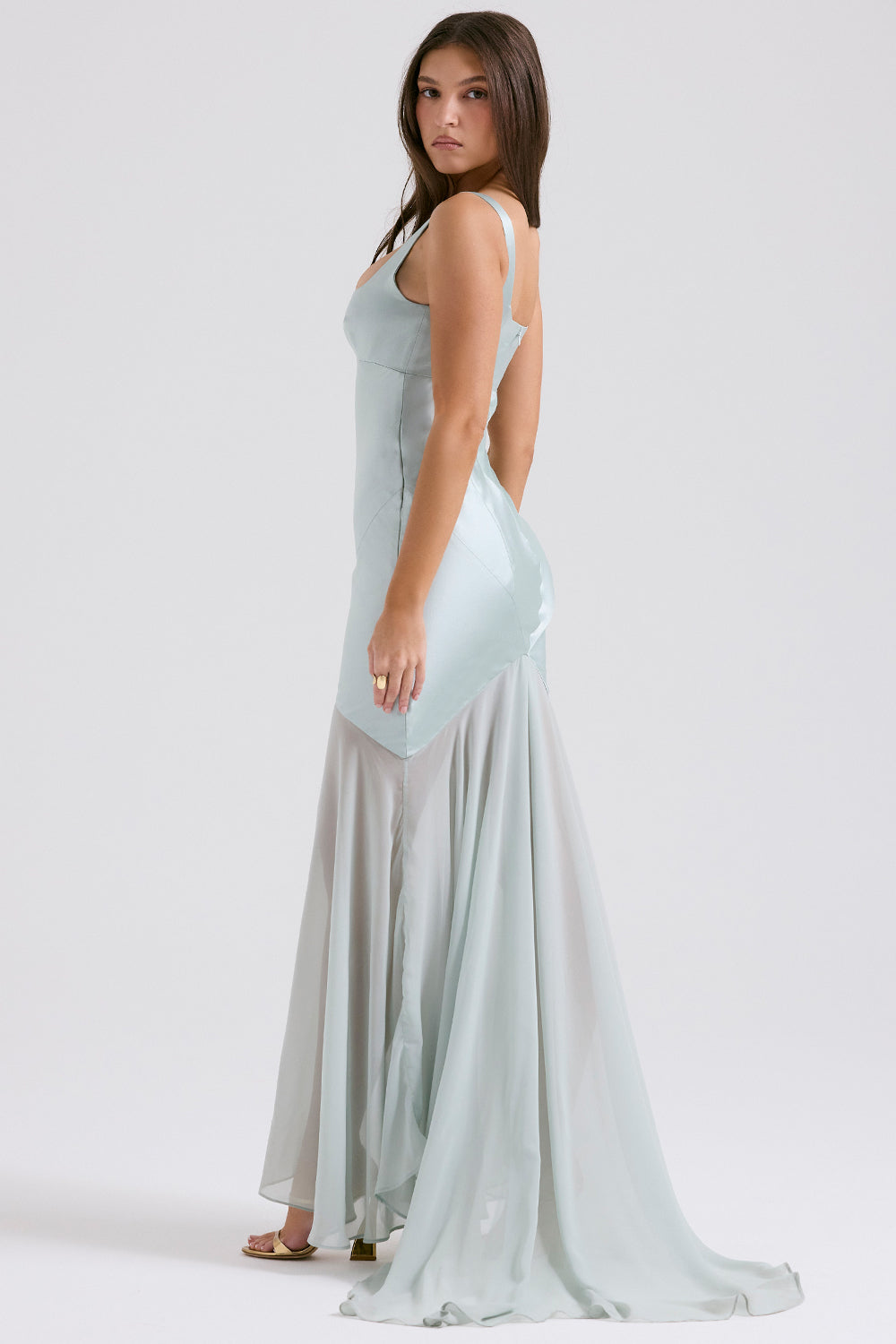 Solid Satin Mesh Sleeveless Maxi Dress in blue - View 3