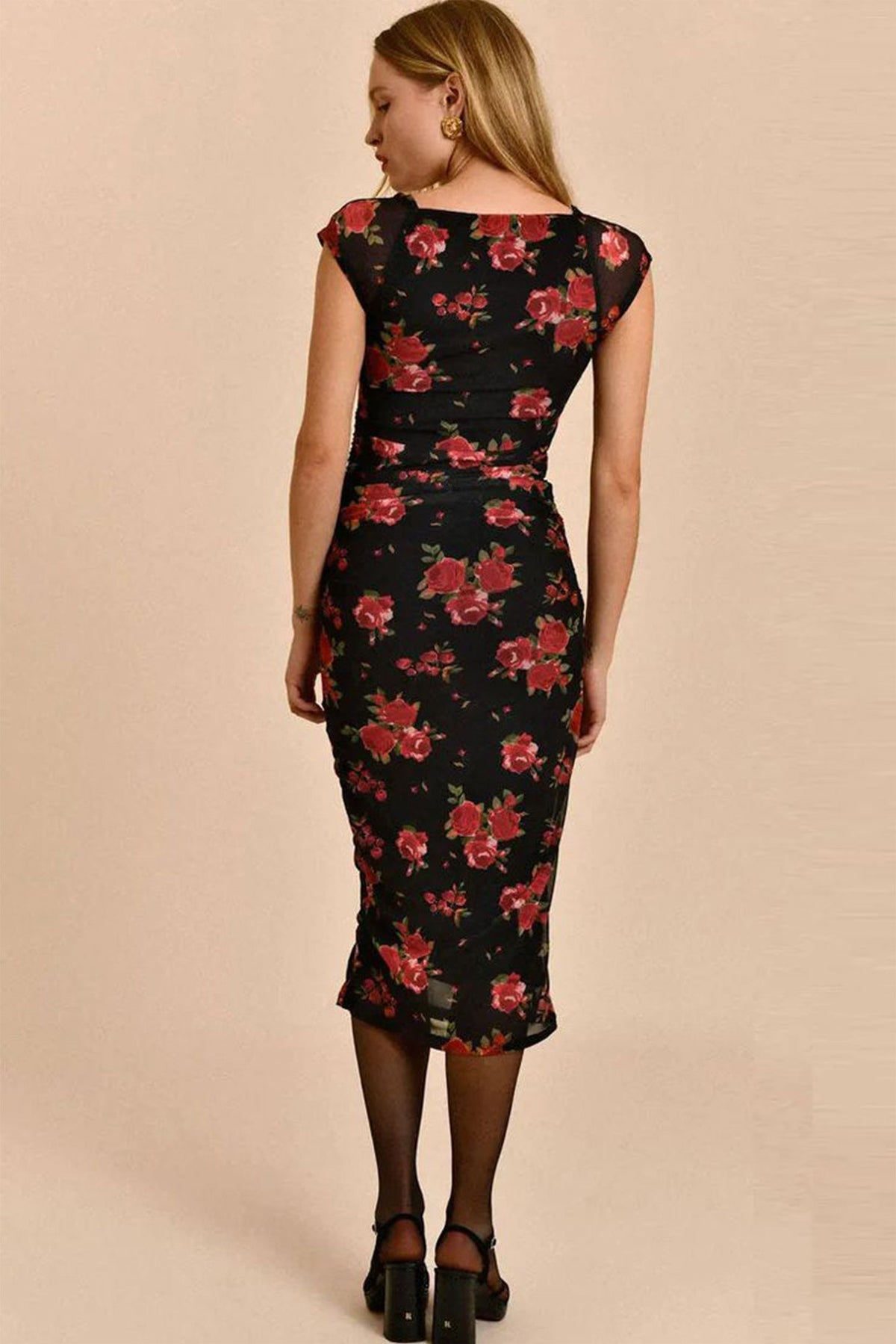 Floral Mesh Sweetheart Cap Sleeve Ruched Bodycon Midi Dress in black - View 10
