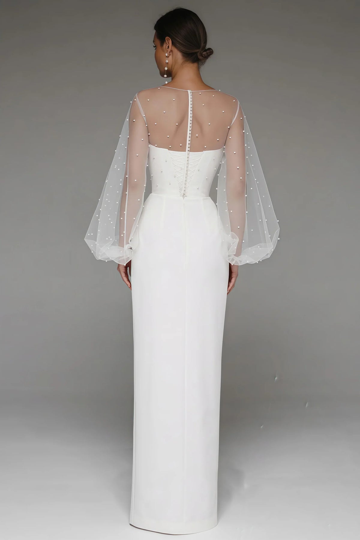 Mesh Pearl Embellished Lantern Sleeve Corset Bodice Maxi Gown - View 2