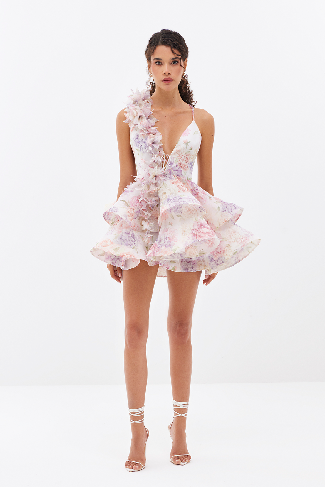Floral Deep V-Neck 3D Flower Tiered Ruffle Mini Dress in Pink - View 3