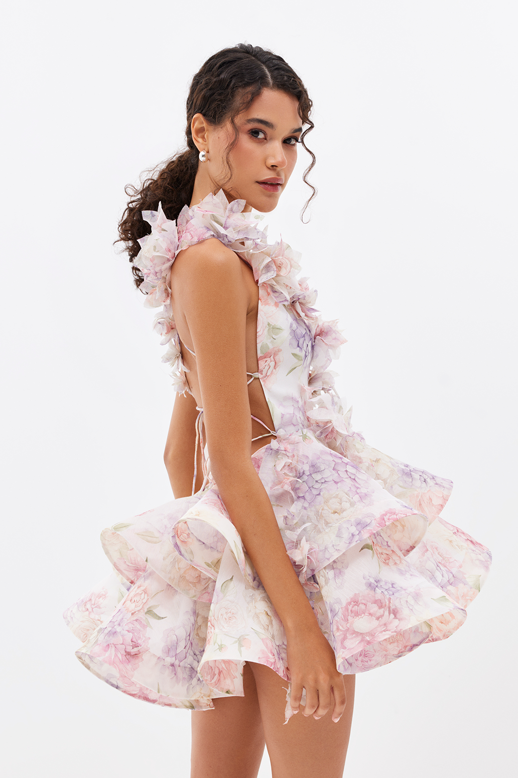 Floral Deep V-Neck 3D Flower Tiered Ruffle Mini Dress in Pink - View 2