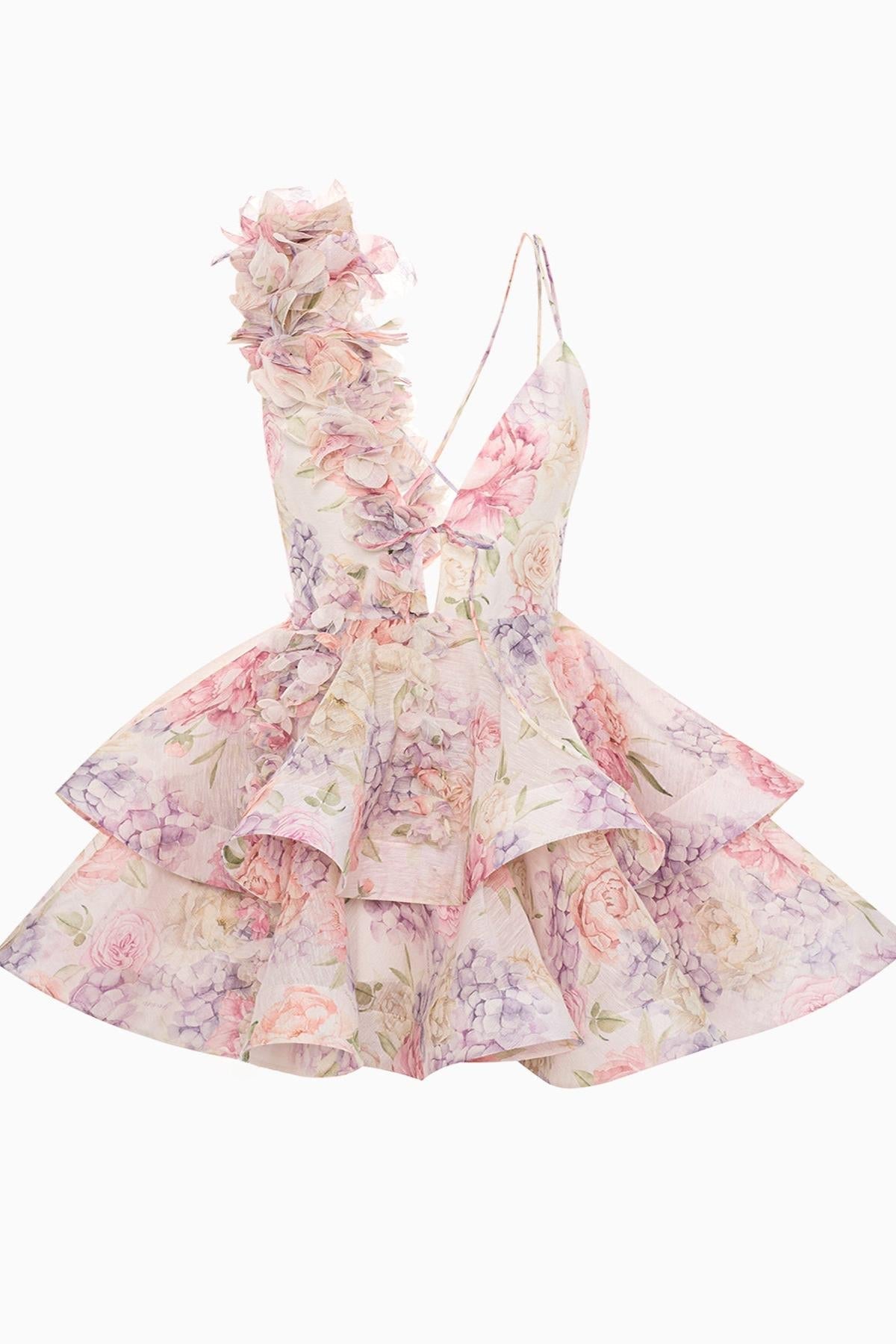 Floral Deep V-Neck 3D Flower Tiered Ruffle Mini Dress - View 4